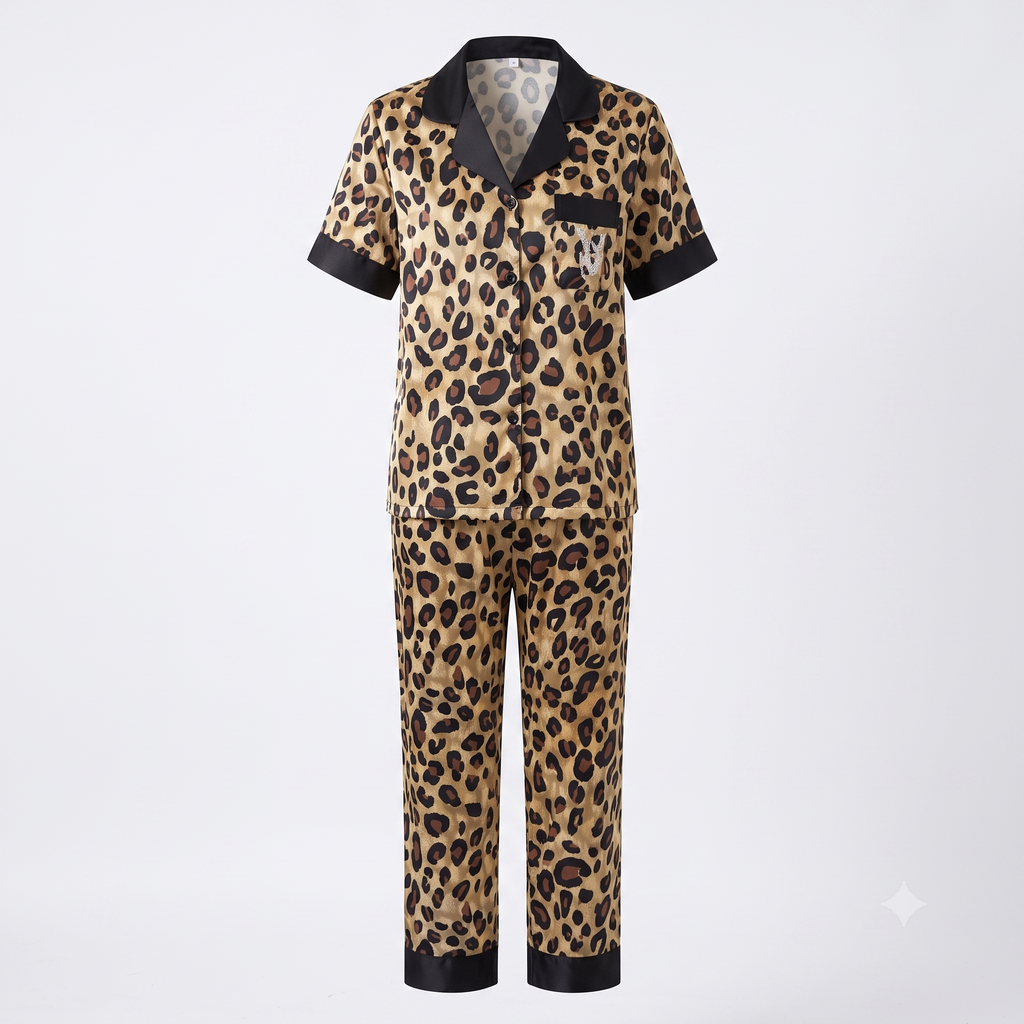 Leopard Printed Silk Collar Night Suit