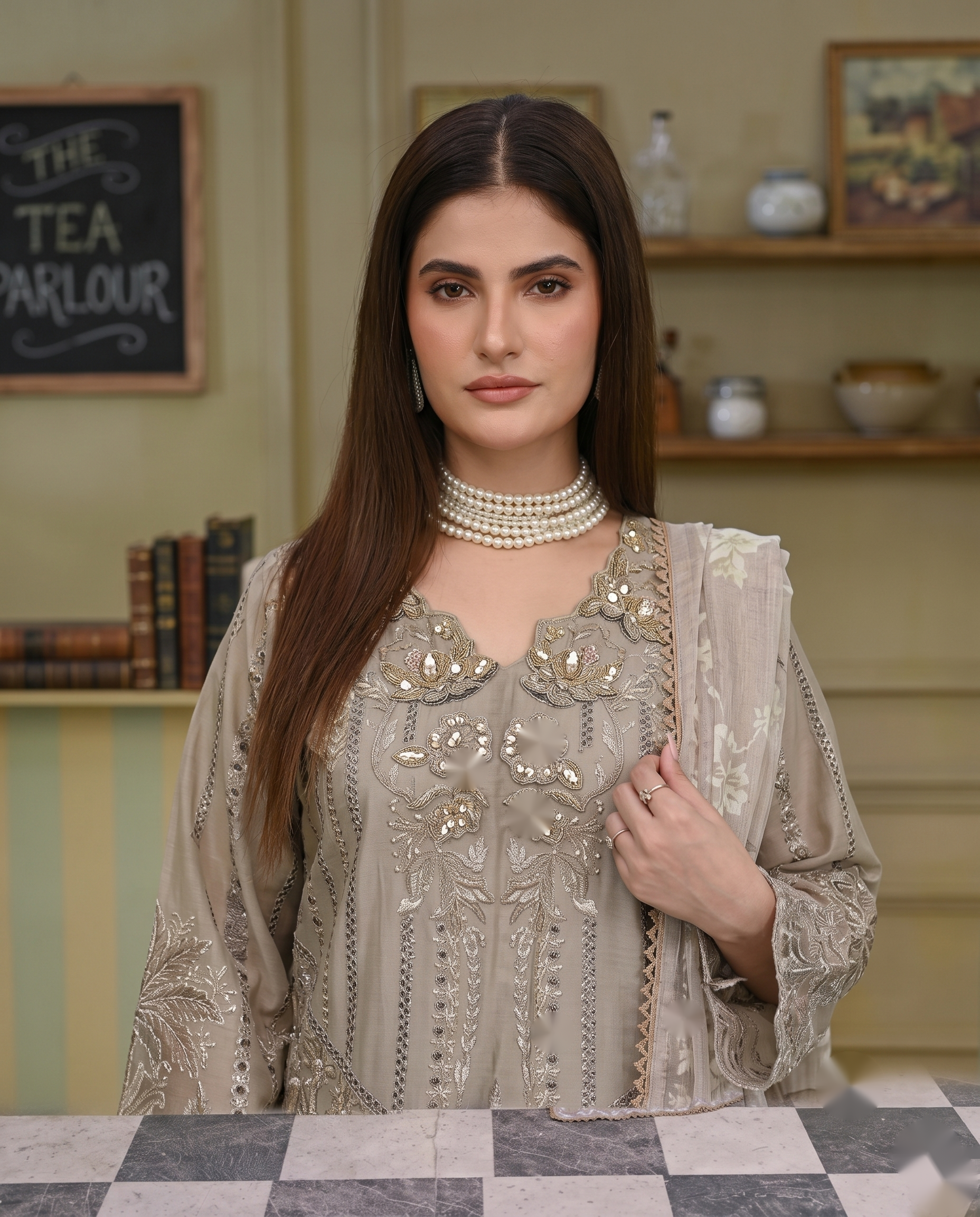 3-Piece Taupe Mist Embroidered Tunic Set