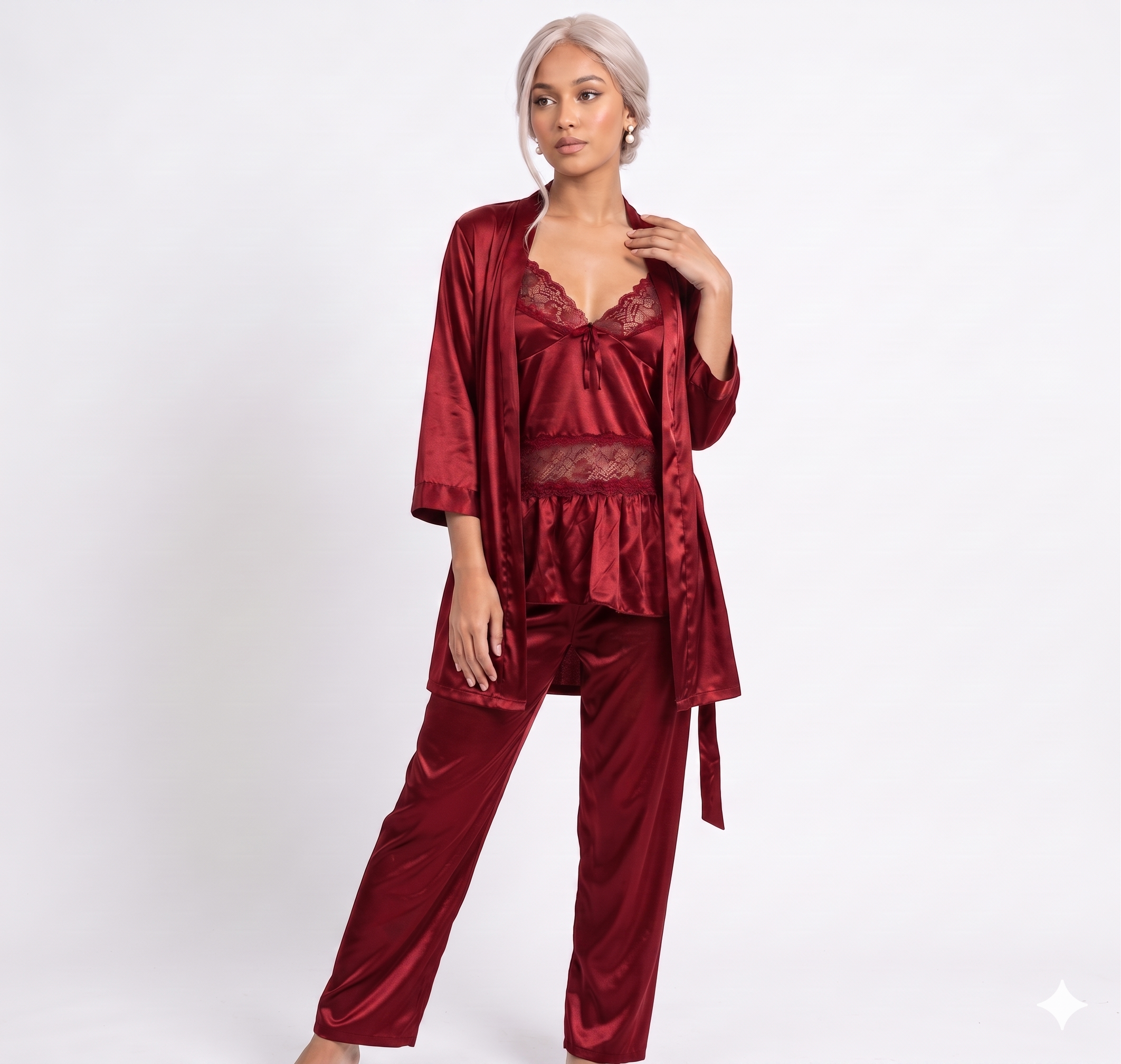Premium Satin Lace-Panel Cami Robe Set
