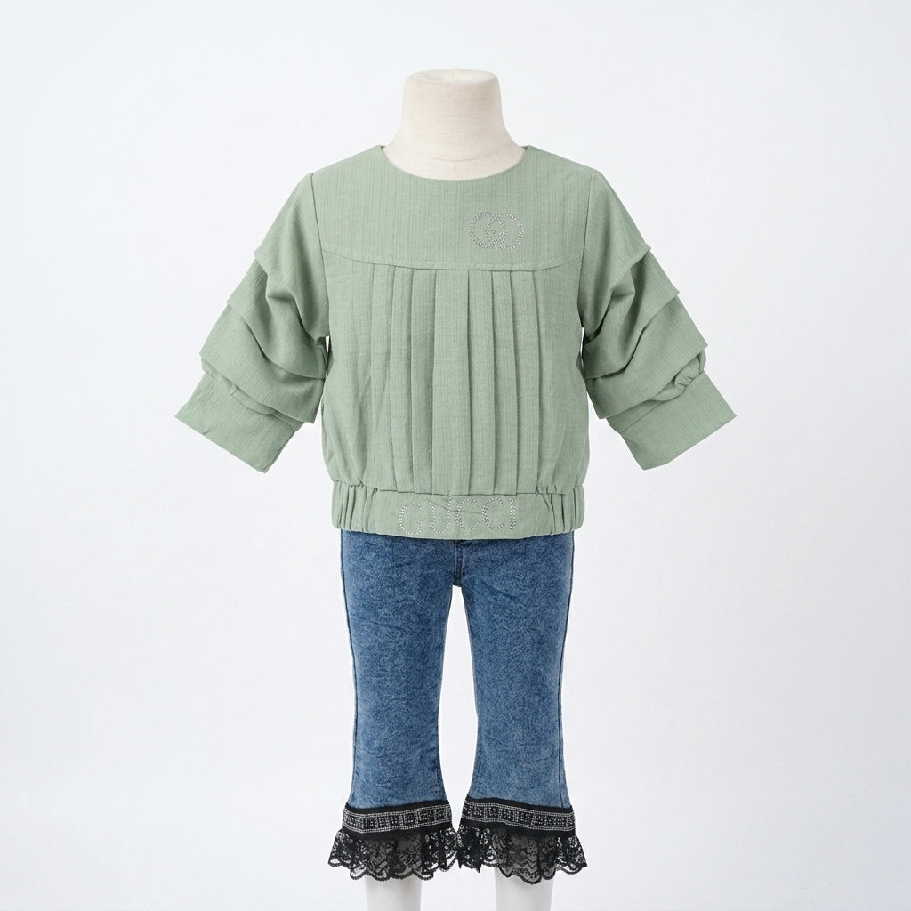 Girls Pleated Top & Lace Hem Flare Jeans Set (K021201)