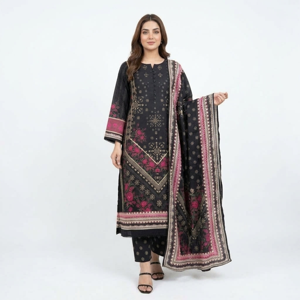 Printed Motif Long Kurta with Border Scarf (BZ-38)
