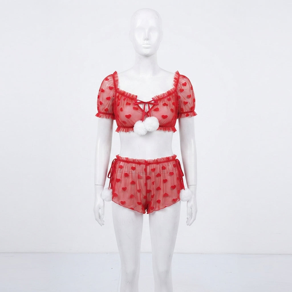 Heart Mesh Puff Sleeve Crop Top and Shorts Set