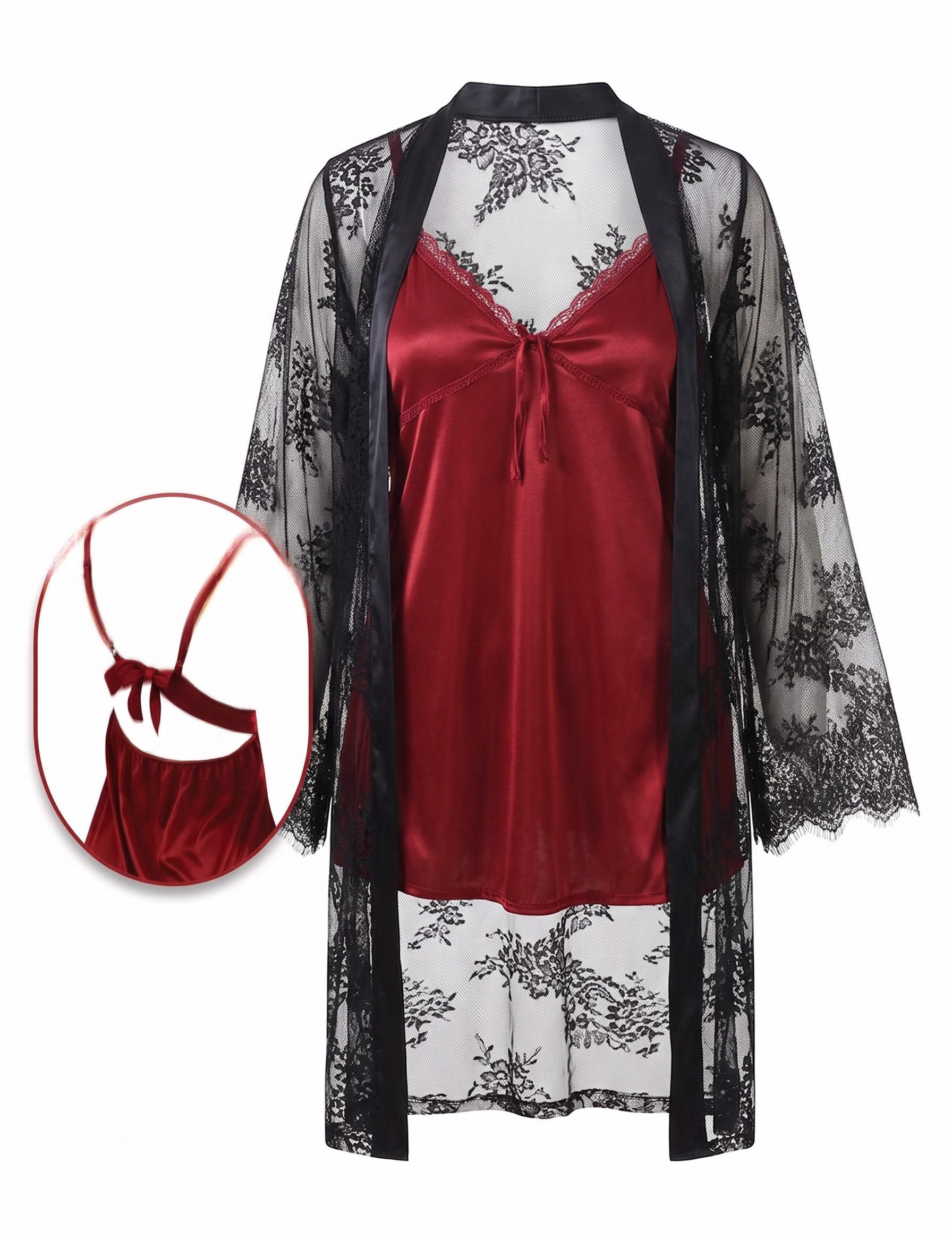 Sheer Lace Duster & Satin Chemise Set