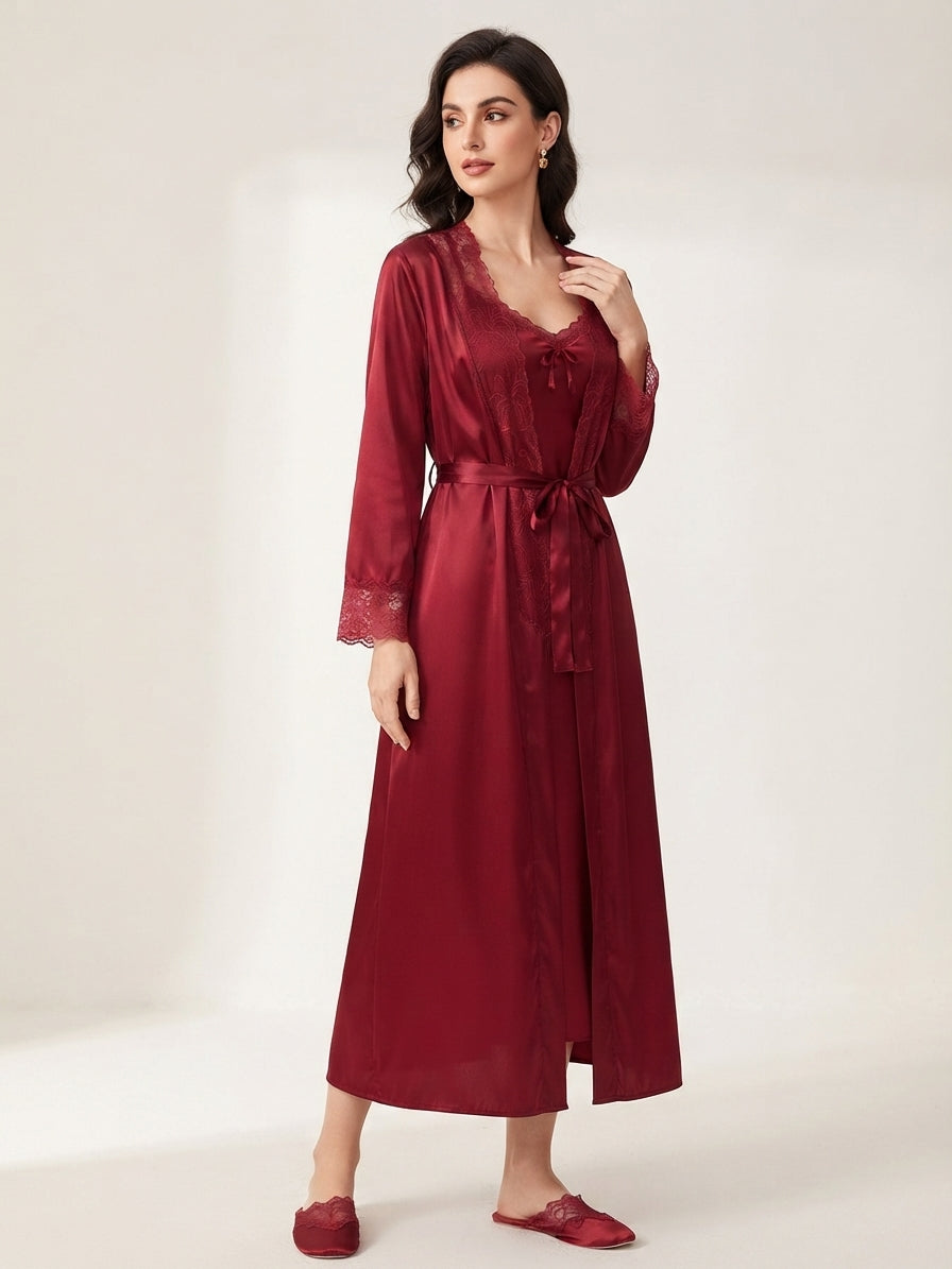 Velvet Touch Lace Trim Lounge Robe (JE-90250)