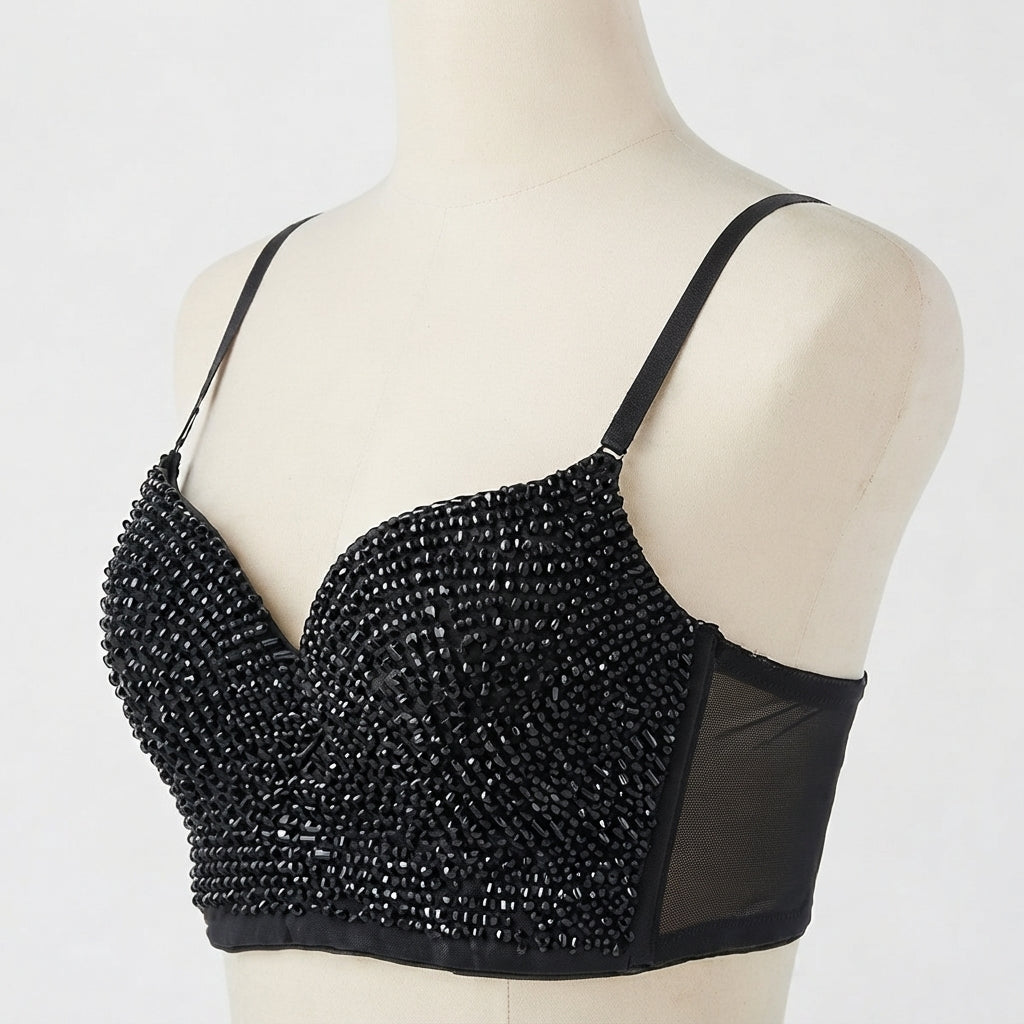 Sheer Mesh Paneled Beaded Crop (25600)