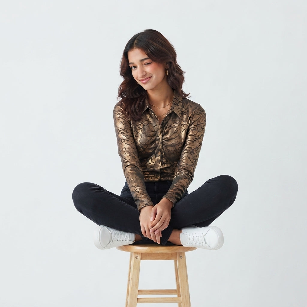 Textured Long-Sleeve Collared Shirt