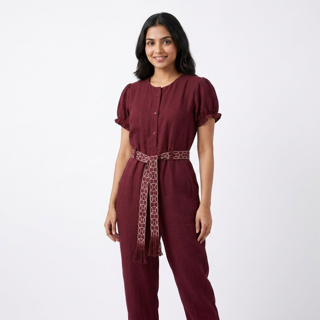 Short-Sleeve Patterned Tie Waist Romper (B-073201)