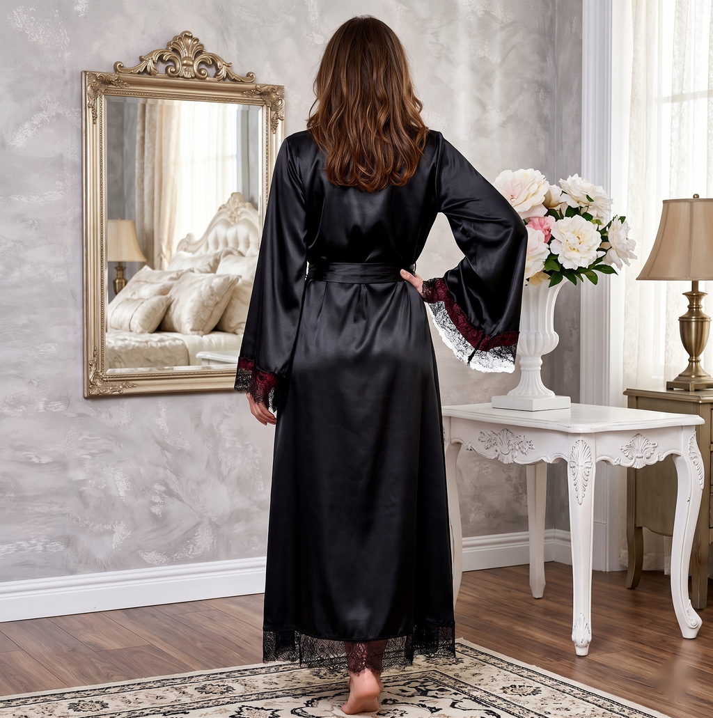 Luxury Silk Maxi Robe with Eyelash Lace Trim