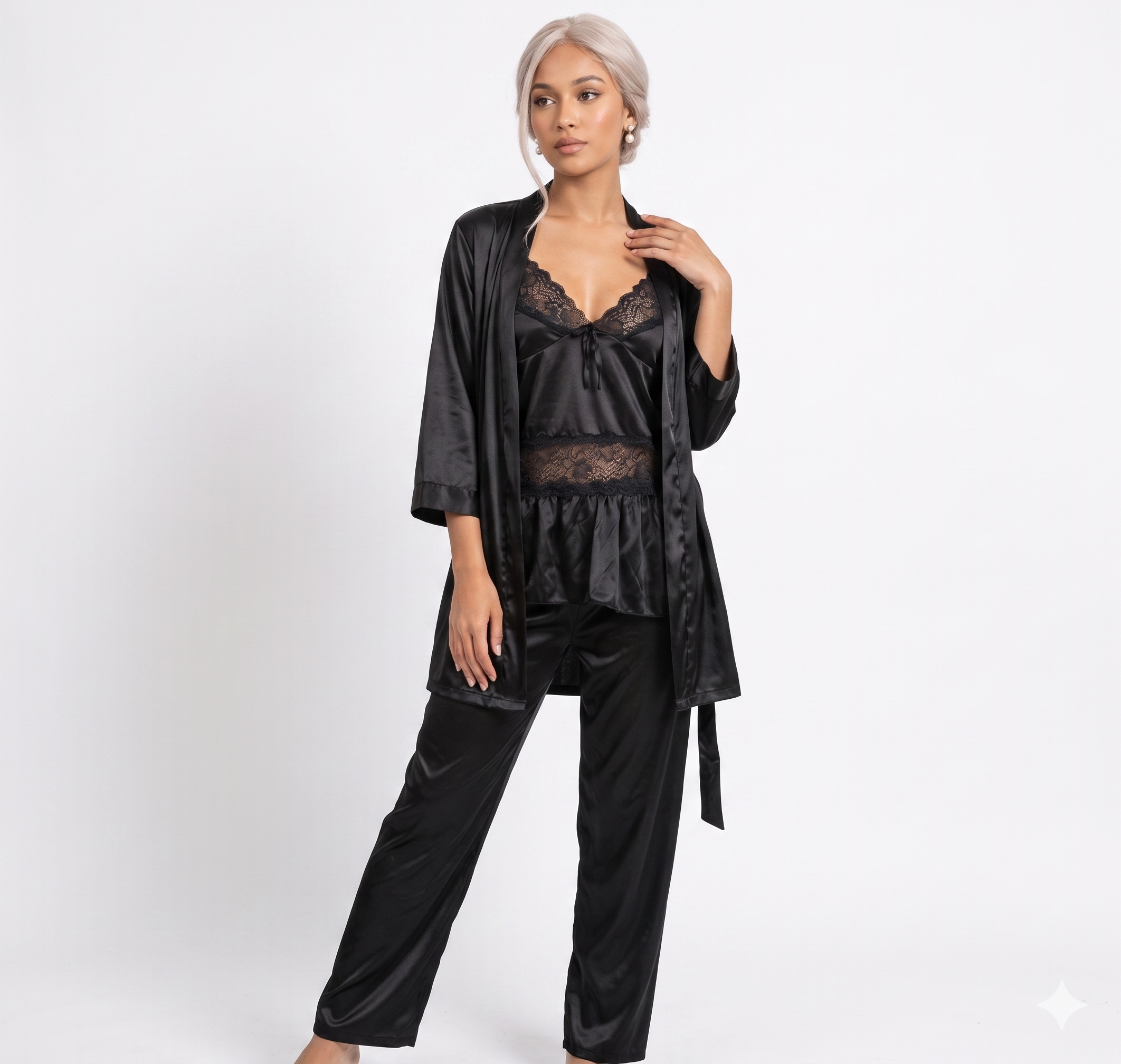 Premium Satin Lace-Panel Cami Robe Set
