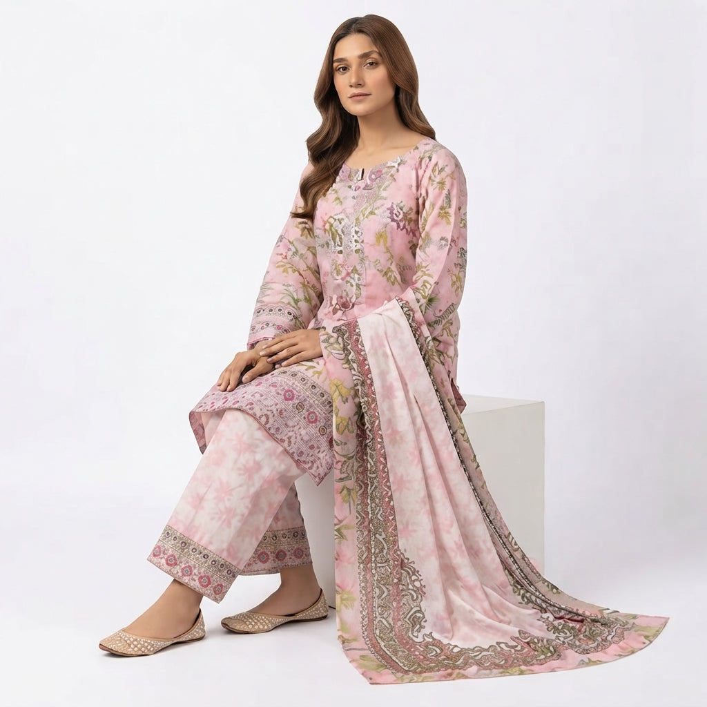 Floral Printed Three-Piece Lawn Suit with Dupatta (BZ-35)