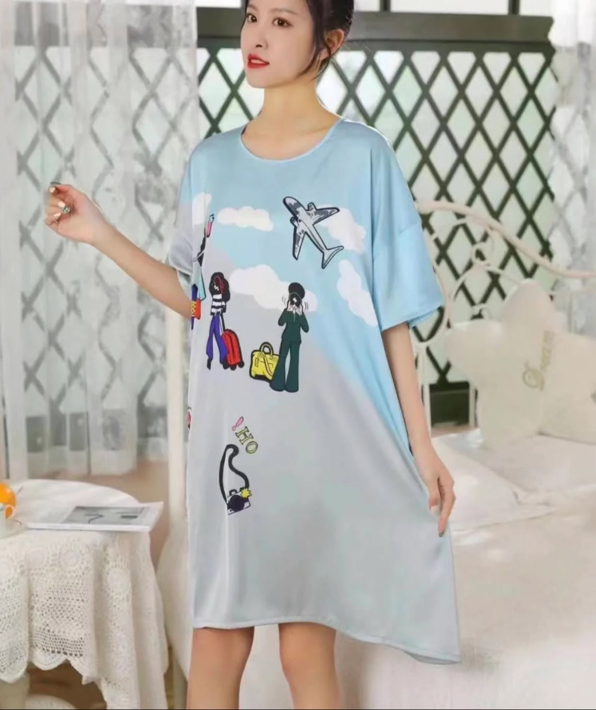 Sky Blue Relaxed Fit Long Nightshirt