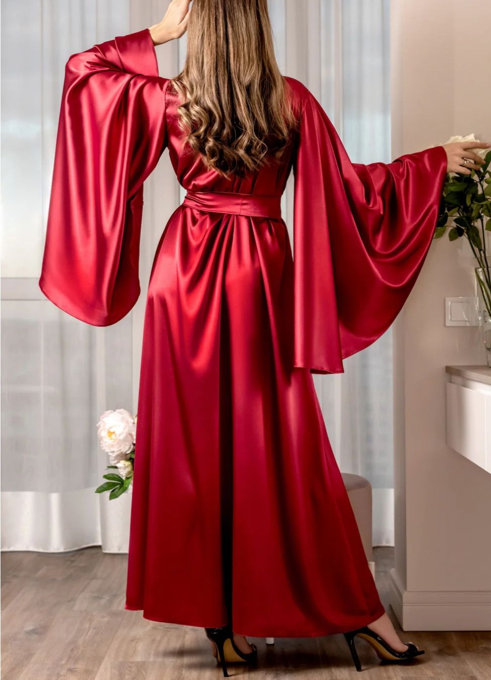 Angel-Sleeve Satin Maxi Robe