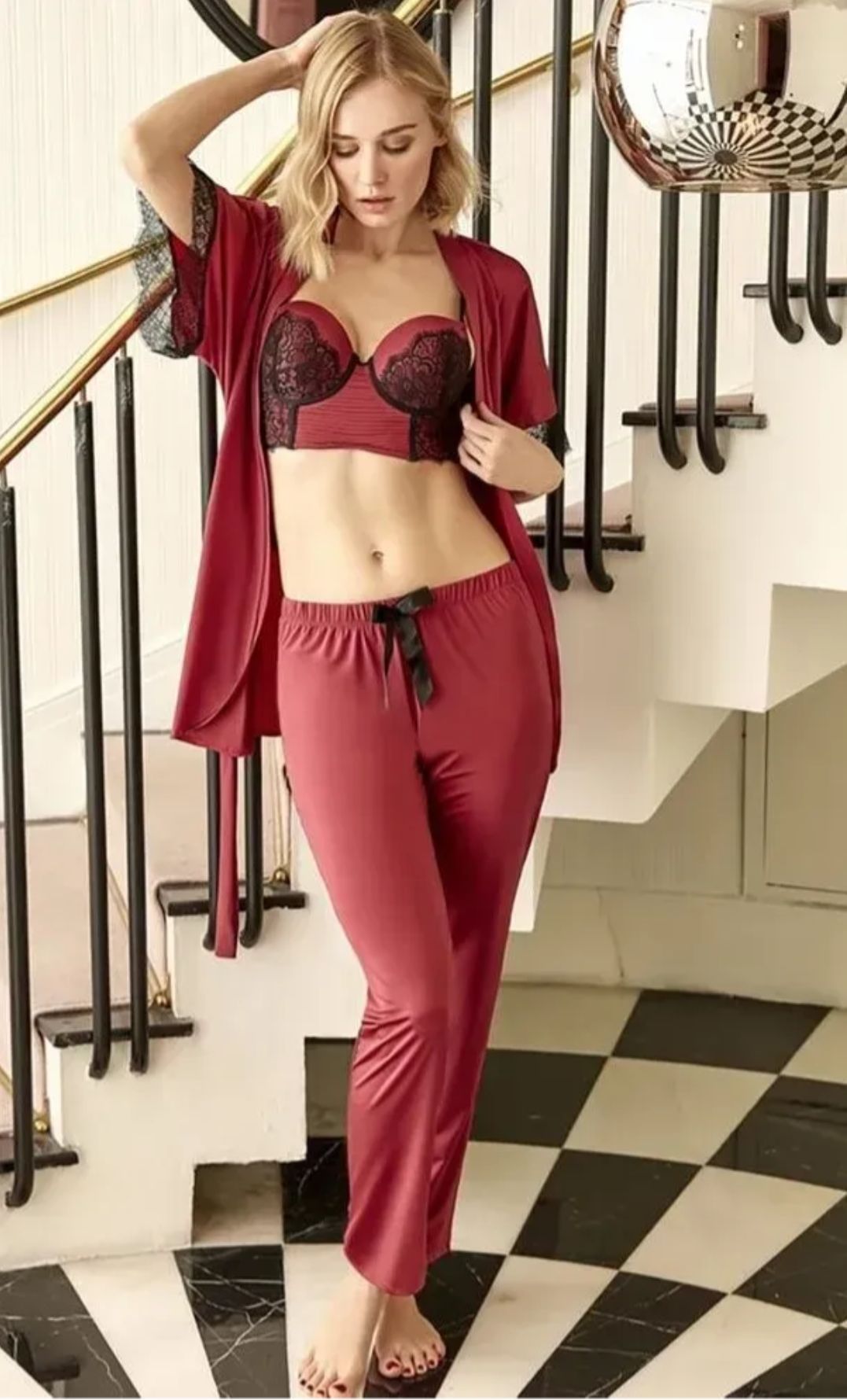 Premium Lace Bustier, Pajama & Short Robe Set