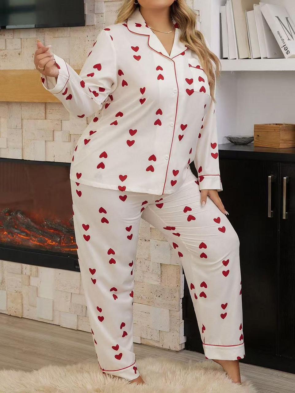 Heart-Printed Tailored Pajama Set