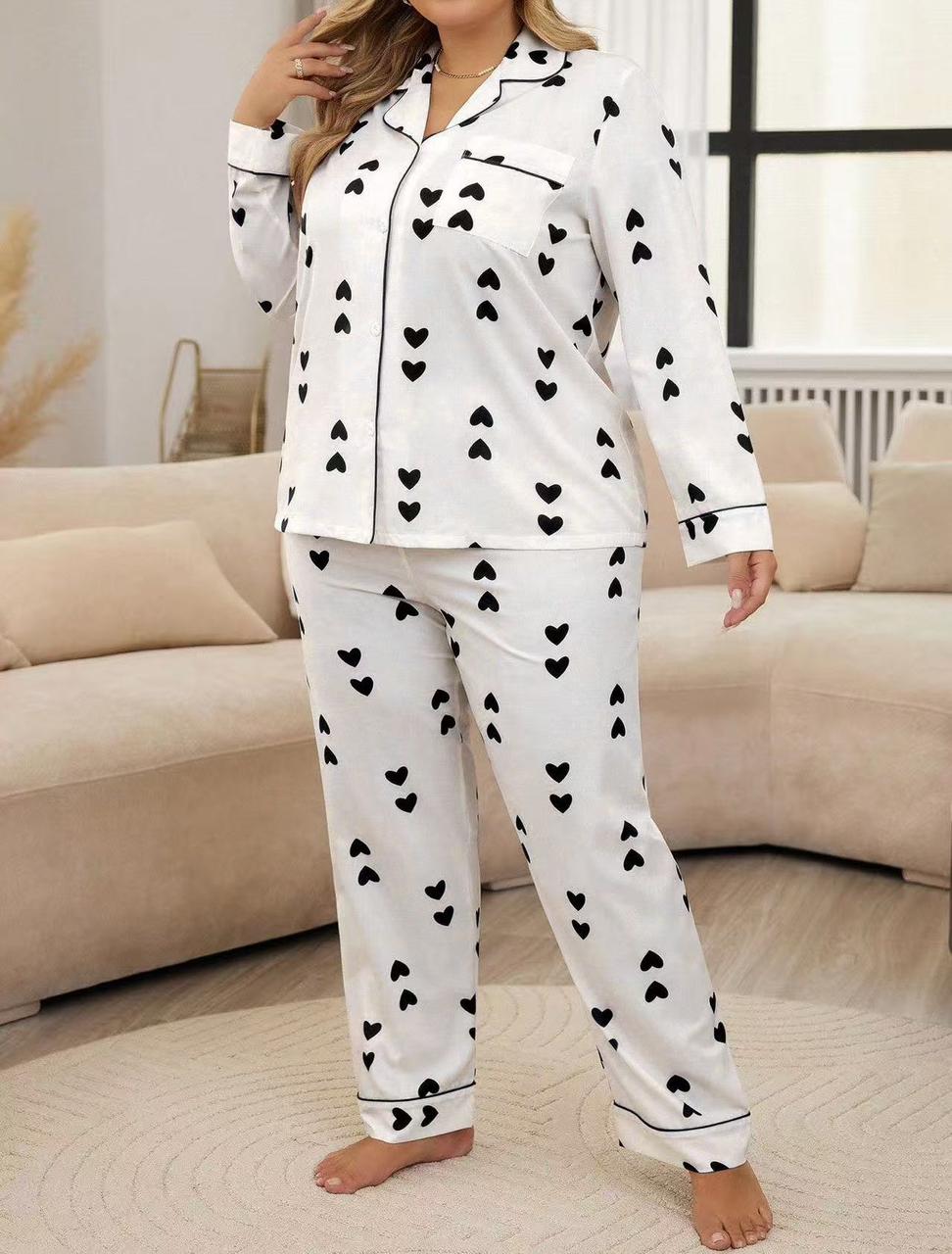 Heart-Printed Tailored Pajama Set