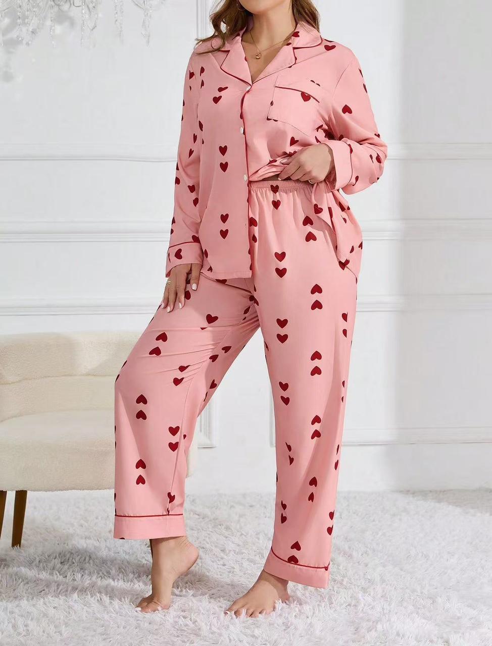 Heart-Printed Tailored Pajama Set