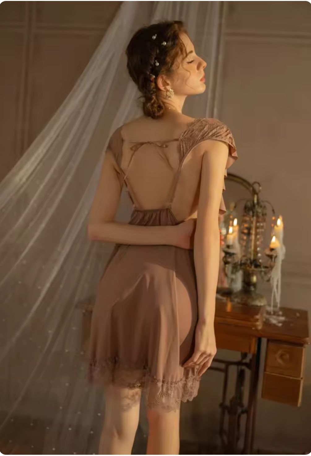 Flutter-Sleeve Lace Trim Chemise