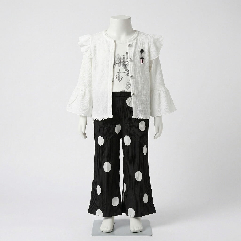 Kids 3-Piece Polka Dot Flare Pants Suit Set with Ruffle Jacket (D787)