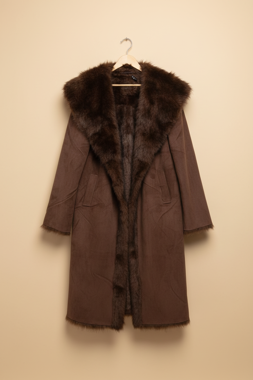 Women's Plush Fur Lapel Suede Wrap Coat (Khaki/Black/Cafe) MH1125