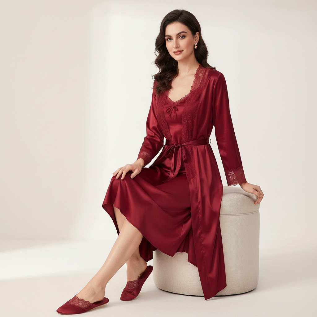Velvet Touch Lace Trim Lounge Robe (JE-90250)