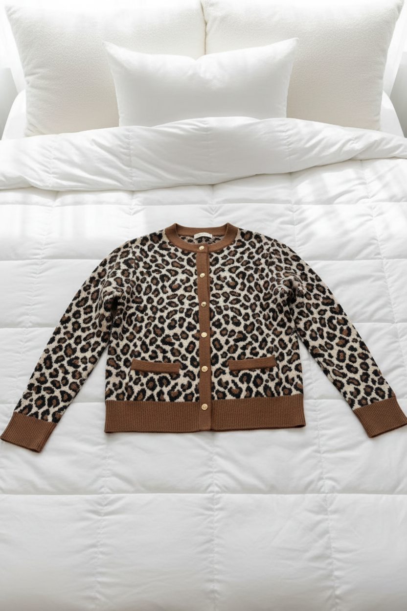Women's Luxe Leopard Brown Trim Cozy Knit Cardigan (Brown) V260506