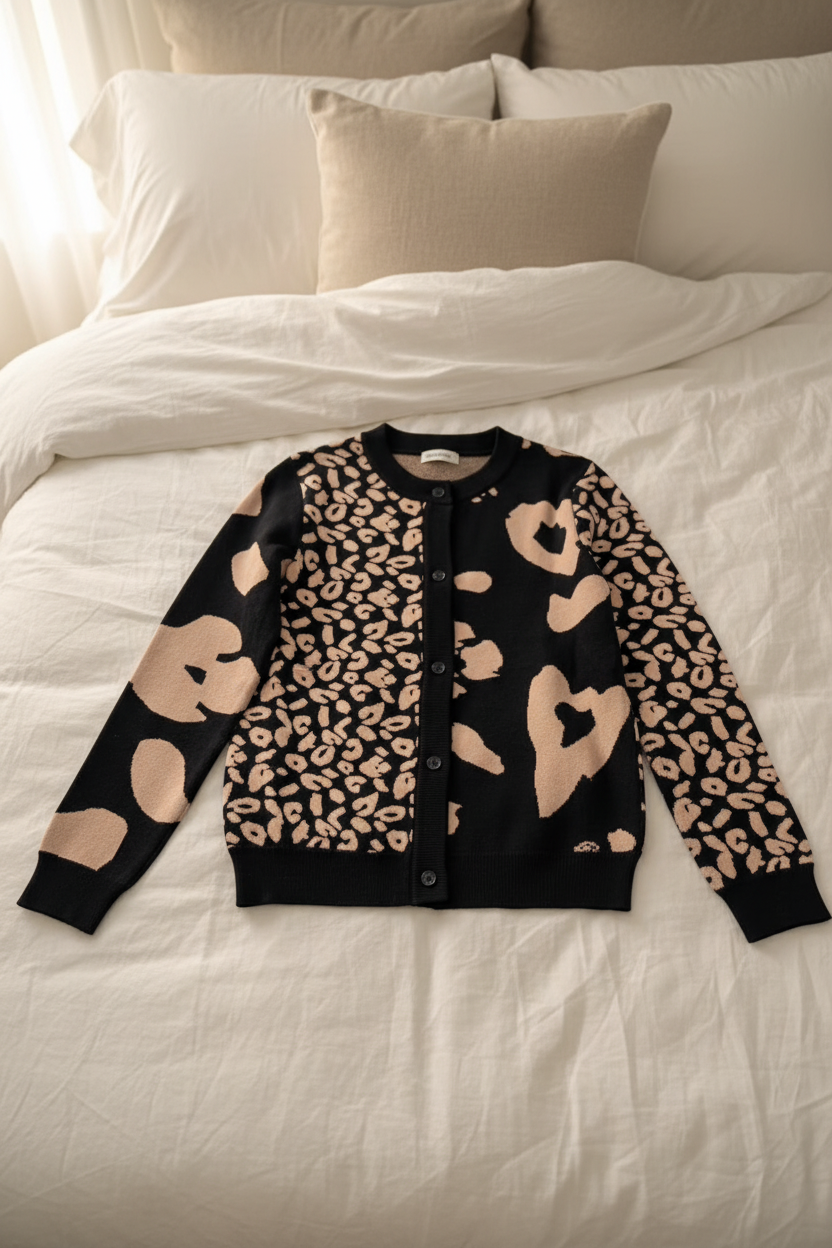 Mixed Print Heart Motif Knit Cardigan (Black Coffee) 2024048