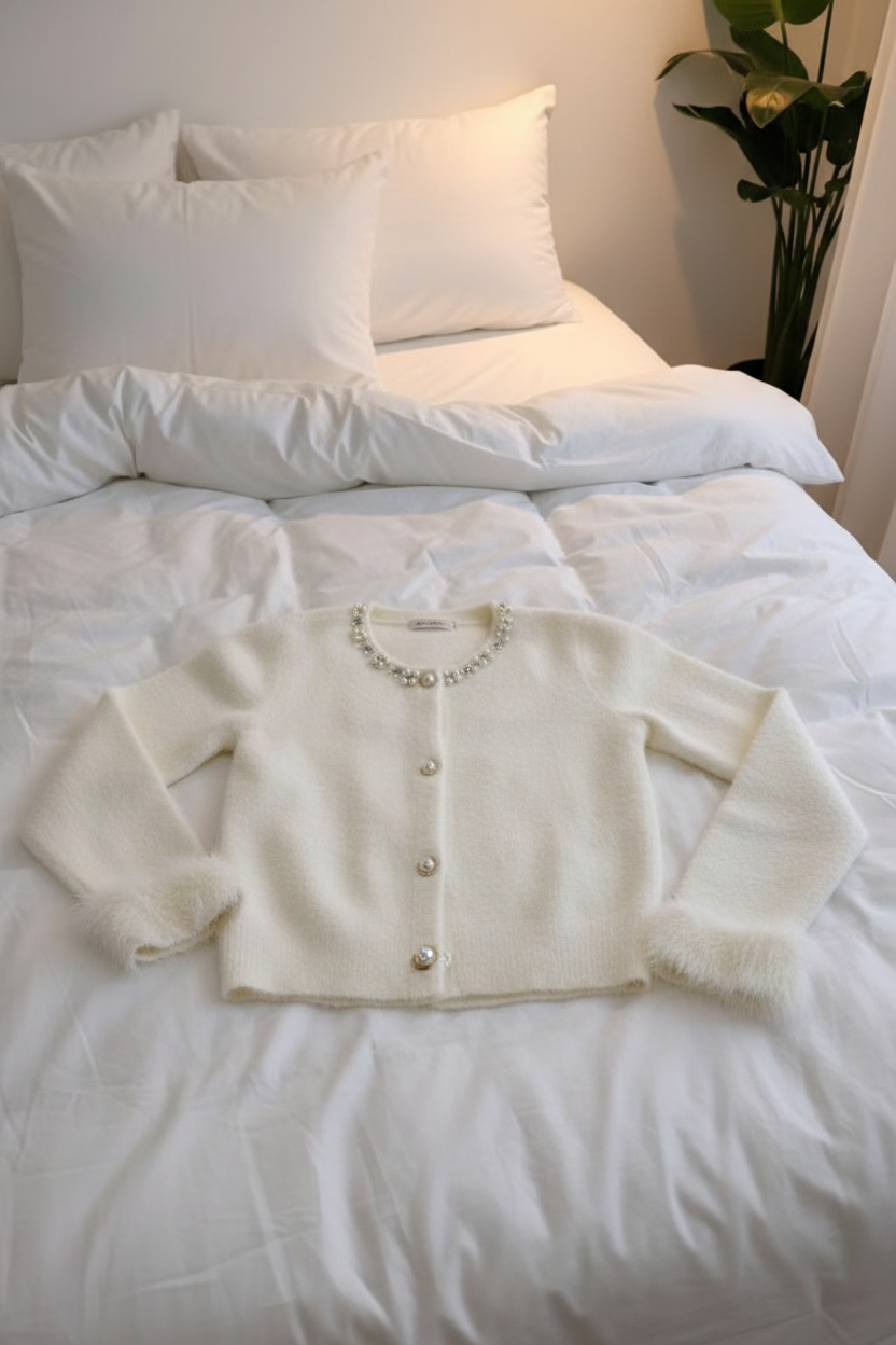 Women's Pearl Button Plush Knit Cardigan ( White) V260510