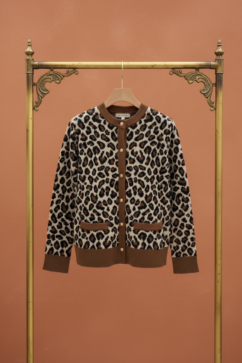 Women's Luxe Leopard Brown Trim Cozy Knit Cardigan (Brown) V260506