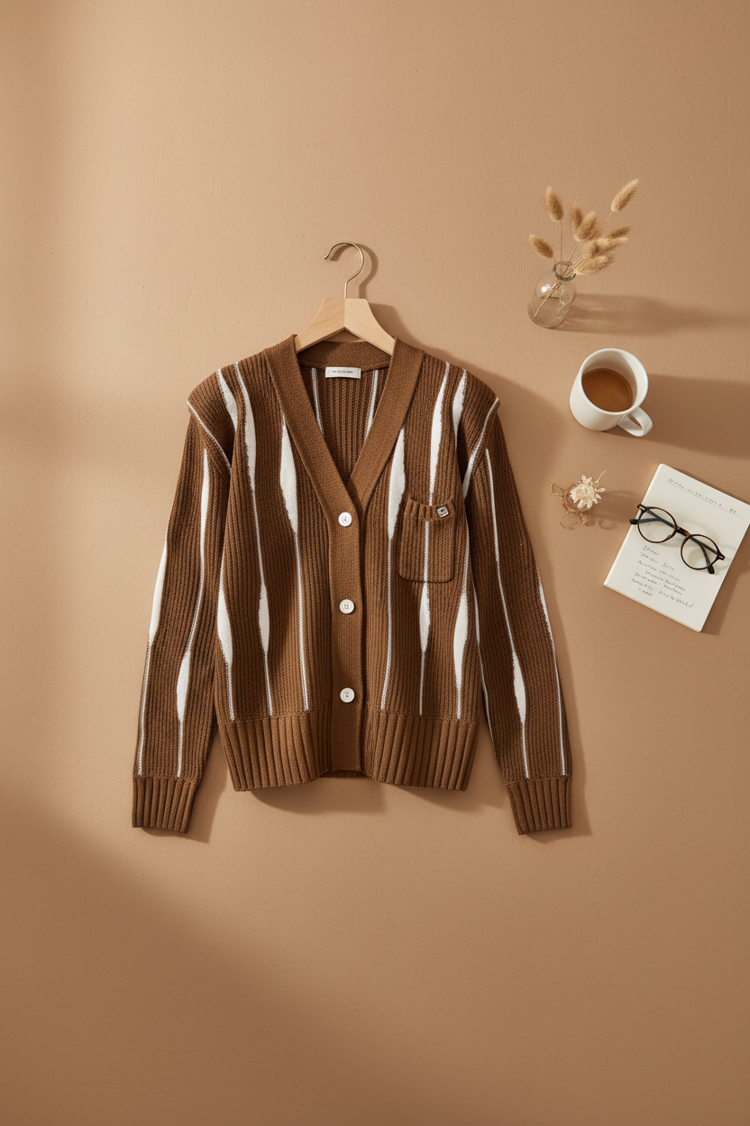 Women's Retro Stripe Ribbed Knit Cardigan (Brown) V2602509