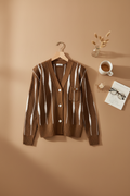 Women's Retro Stripe Ribbed Knit Cardigan (Brown) V2602509