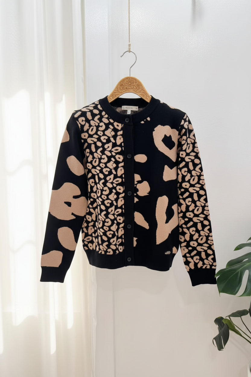Mixed Print Heart Motif Knit Cardigan (Black Coffee) 2024048