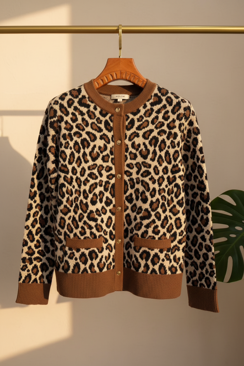 Women's Luxe Leopard Brown Trim Cozy Knit Cardigan (Brown) V260506