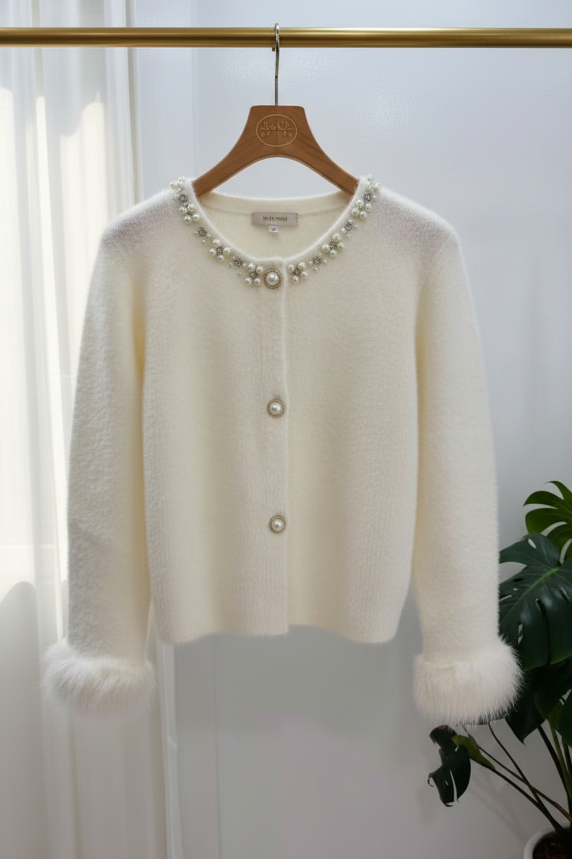 Women's Pearl Button Plush Knit Cardigan ( White) V260510