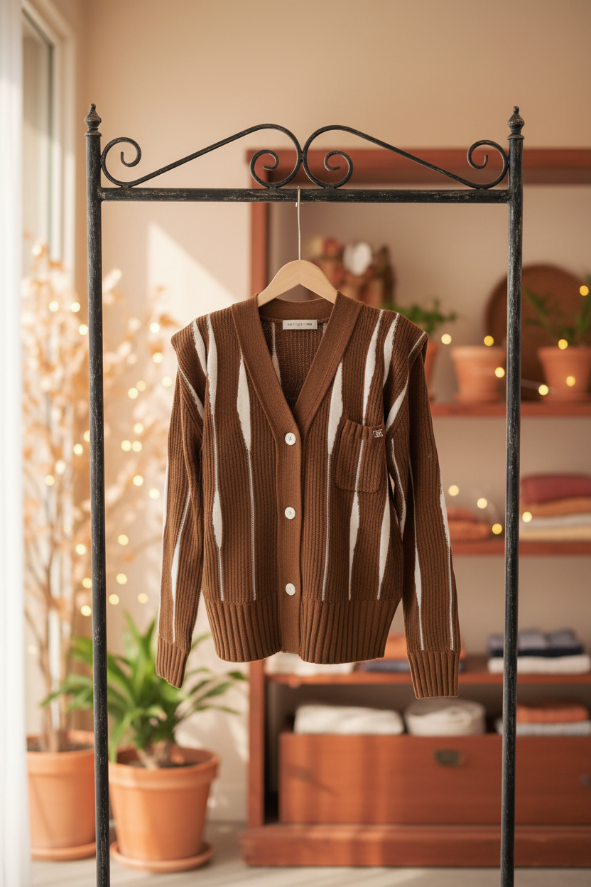 Women's Retro Stripe Ribbed Knit Cardigan (Brown) V2602509