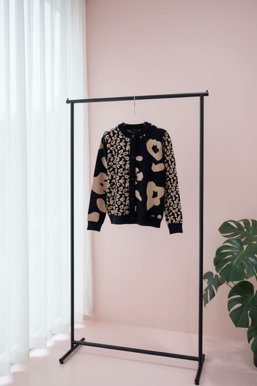Mixed Print Heart Motif Knit Cardigan (Black Coffee) 2024048
