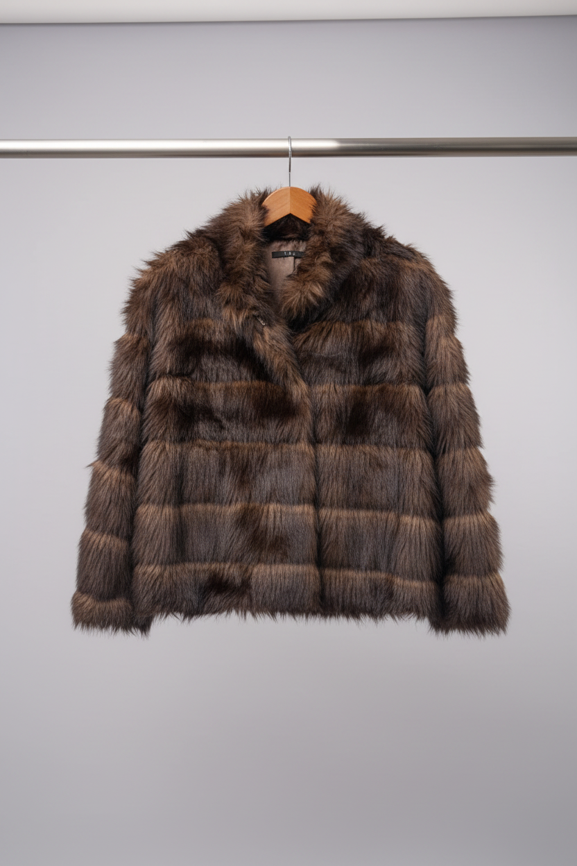 Women's Plush Paneled Faux Fur Cropped Jacket (Khaki/Cafe) LH1093