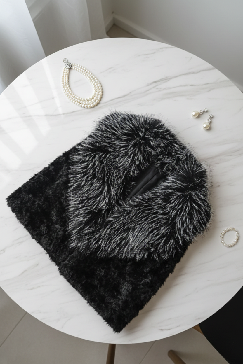Women's Statement Plush Collar Cropped Fur Jacket (Cafe/Black) AP90