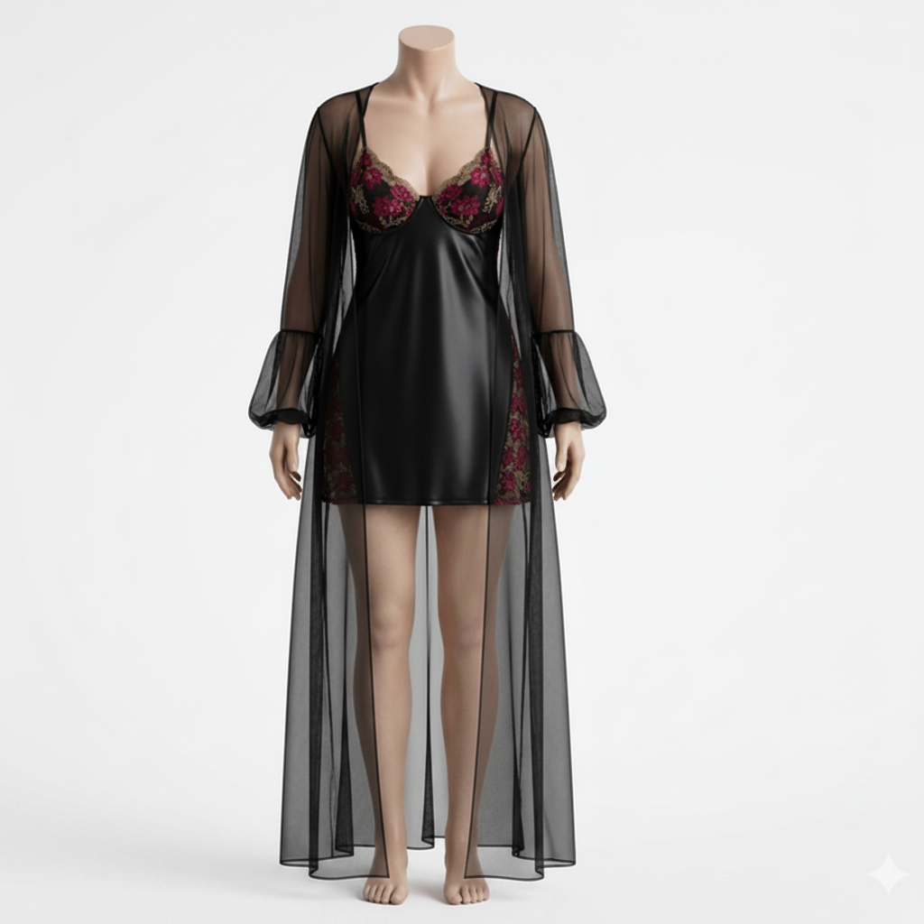 Satin Lace Chemise & Robe Set (8437)