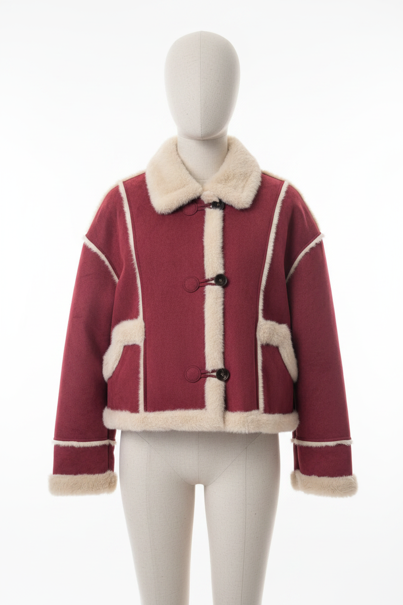 Women's Oversized Shearling Aviator Duffle Jacket (Khaki/Burgundy) JJ02