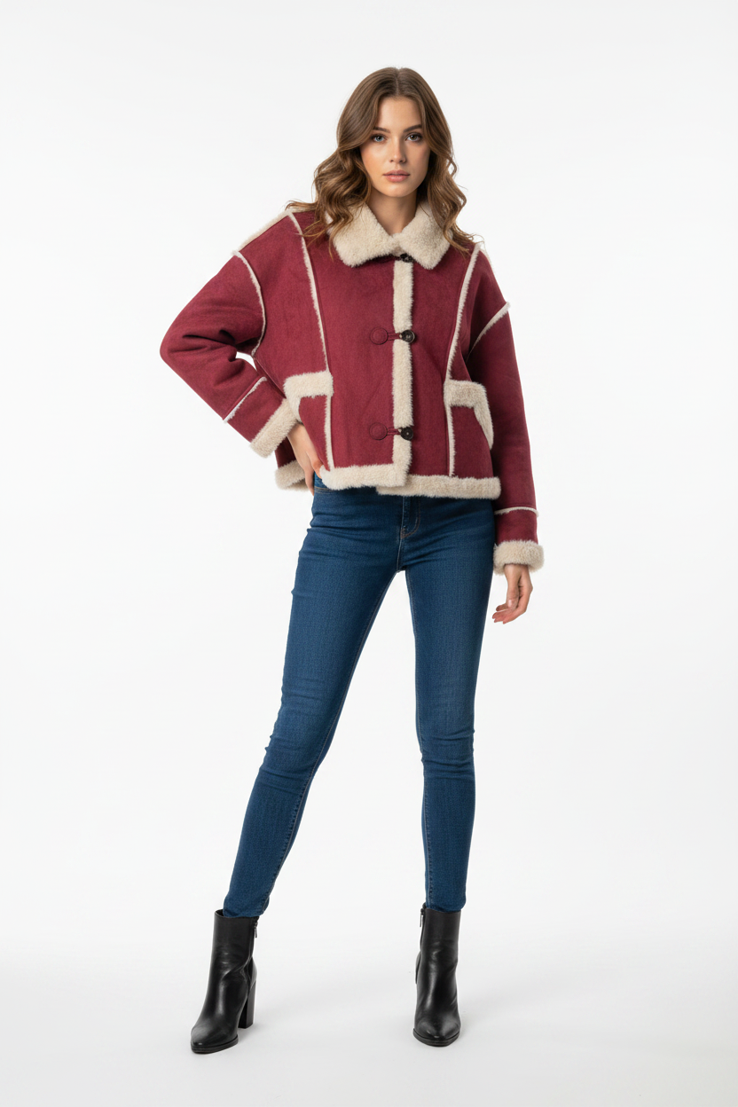 Women's Oversized Shearling Aviator Duffle Jacket (Khaki/Burgundy) JJ02