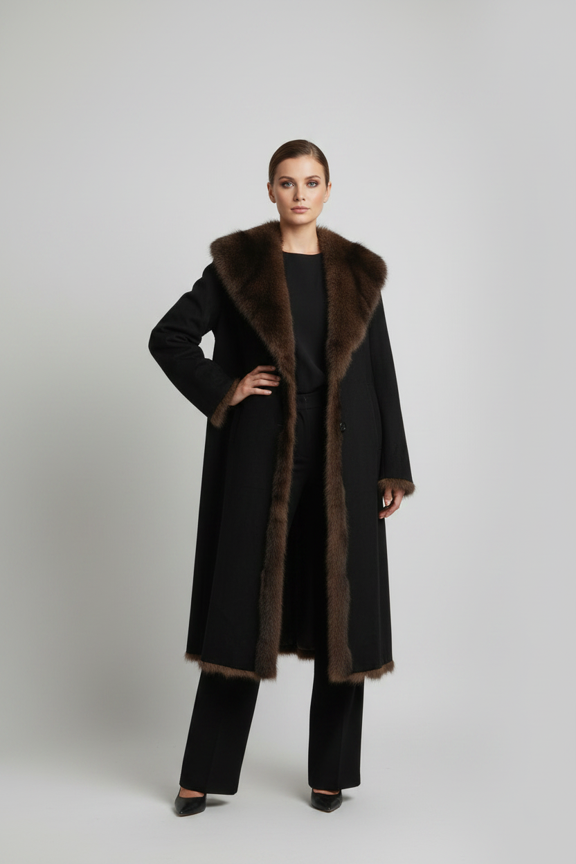 Women's Plush Fur Lapel Suede Wrap Coat (Khaki/Black/Cafe) MH1125