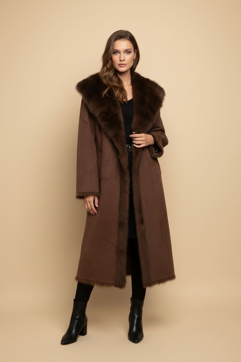 Women's Plush Fur Lapel Suede Wrap Coat (Khaki/Black/Cafe) MH1125