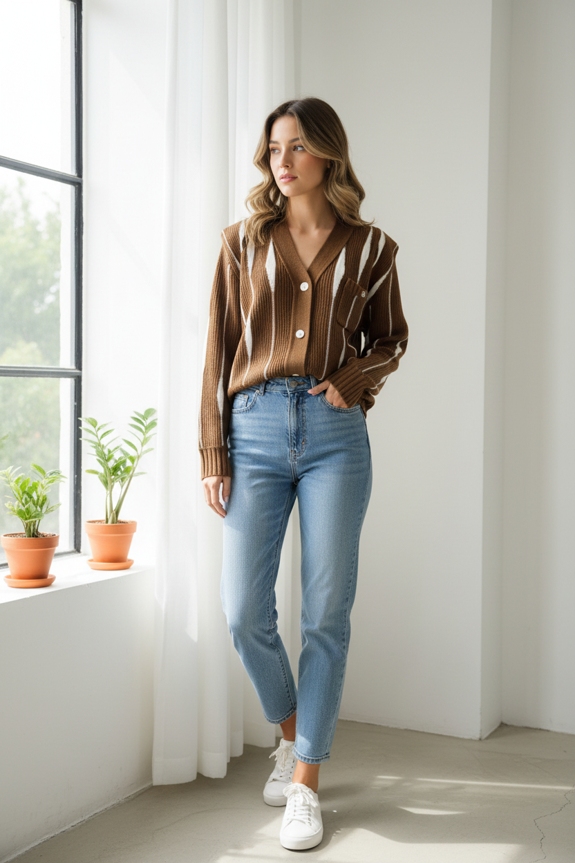 Women's Retro Stripe Ribbed Knit Cardigan (Brown) V2602509