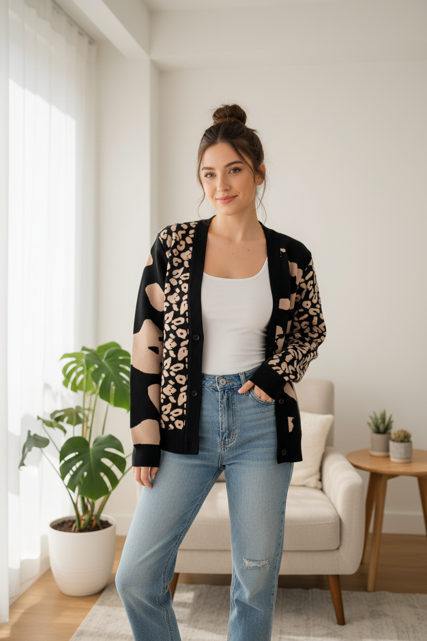 Mixed Print Heart Motif Knit Cardigan (Black Coffee) 2024048