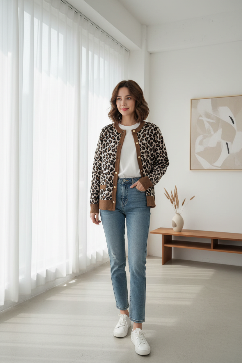 Women's Luxe Leopard Brown Trim Cozy Knit Cardigan (Brown) V260506