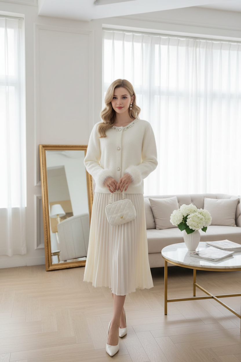 Women's Pearl Button Plush Knit Cardigan ( White) V260510