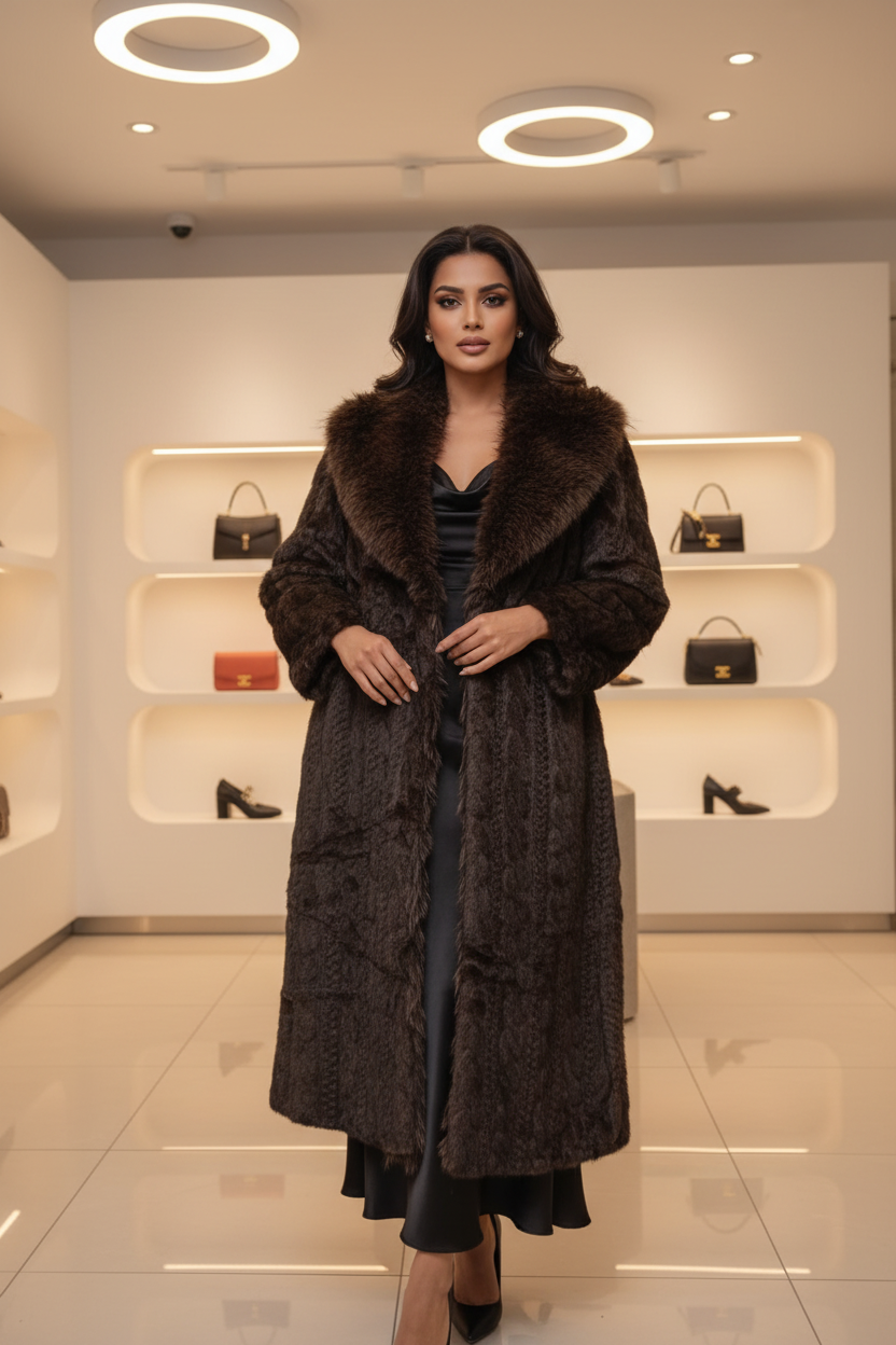 Women's Cable Knit Fur-Trimmed Long Coat (Black/Cafe) LH7119