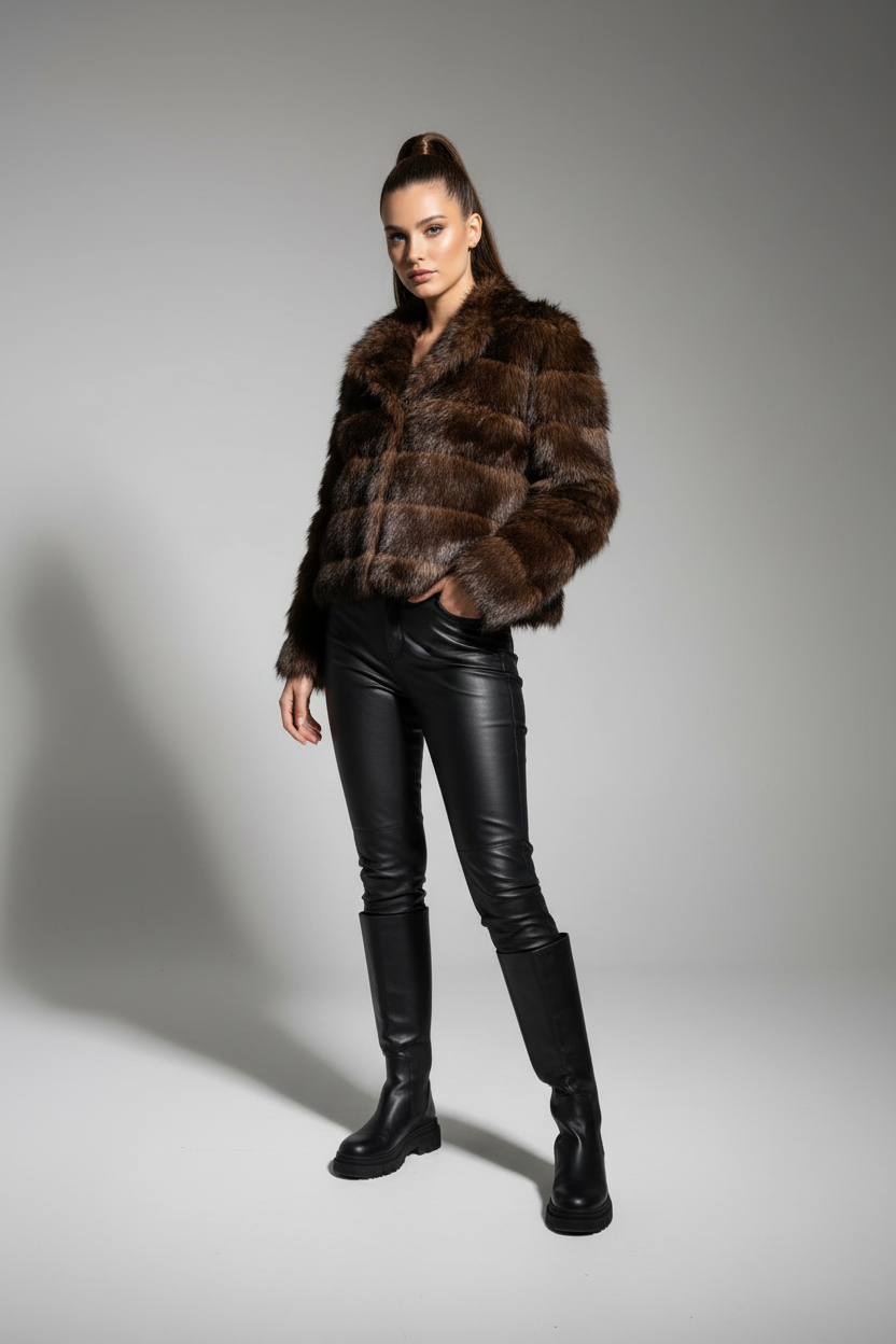 Women's Plush Paneled Faux Fur Cropped Jacket (Khaki/Cafe) LH1093