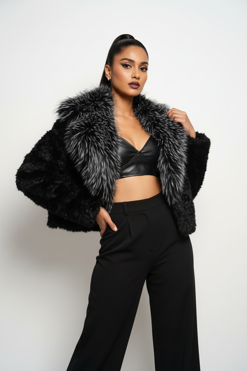 Women's Statement Plush Collar Cropped Fur Jacket (Cafe/Black) AP90