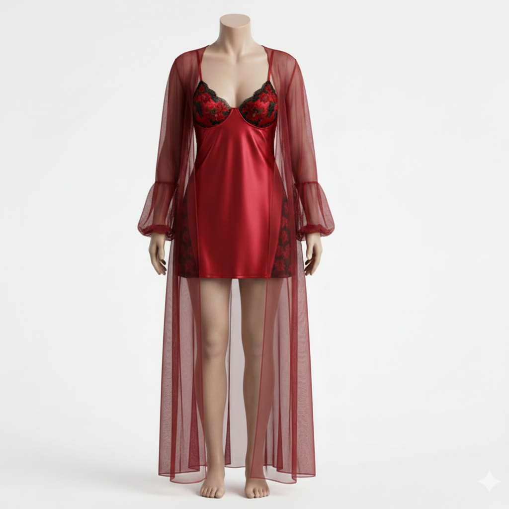 Satin Lace Chemise & Robe Set (8437)